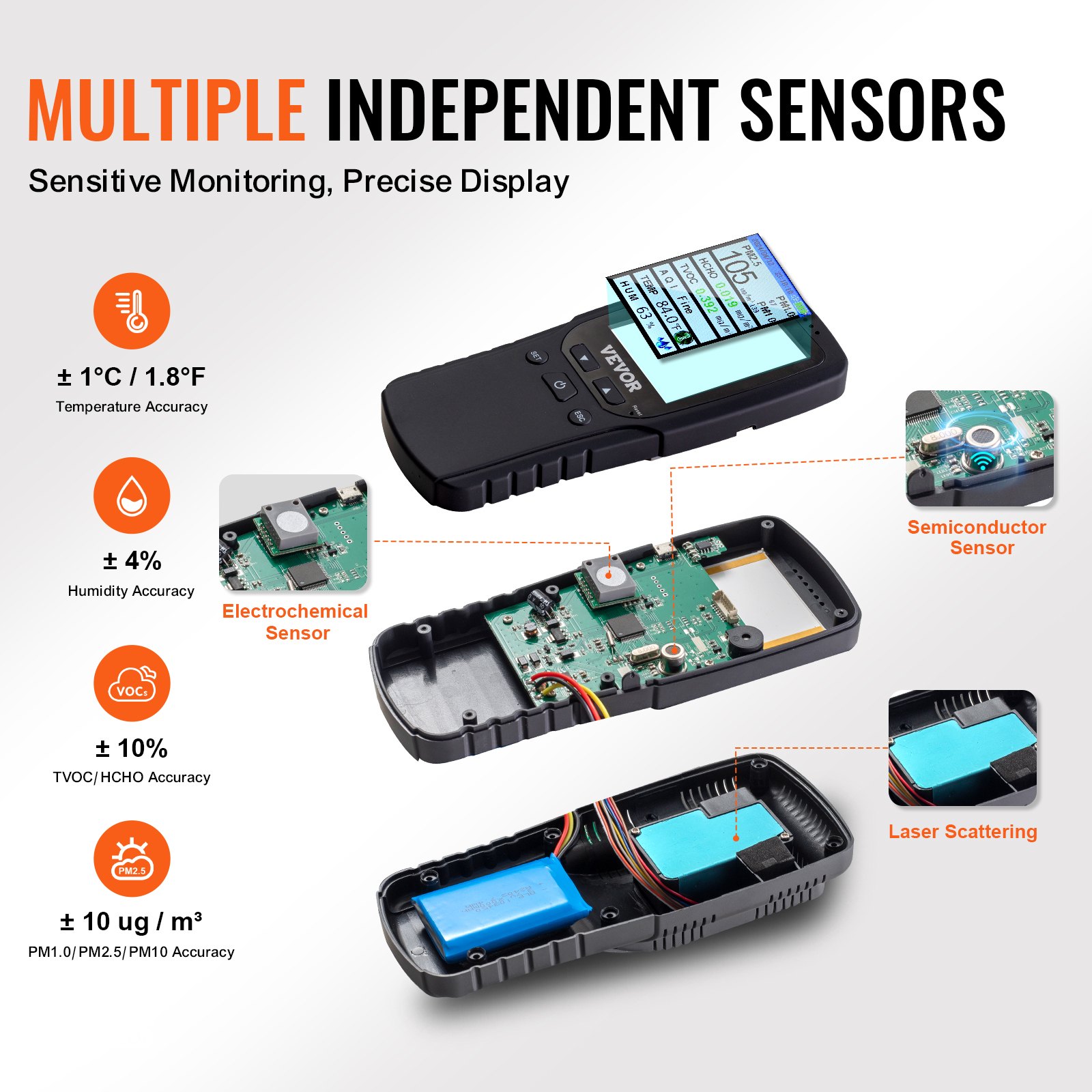 VEVOR Monitore della Qualità dell'Aria 164 x 71 x 44 mm Monitore di Formaldeide 8 in 1, Rilevatore di Particelle PM2,5 PM10 PM1,0 Temperatura, Umidità, con Soglie di Allarme per Interni ed Esterni