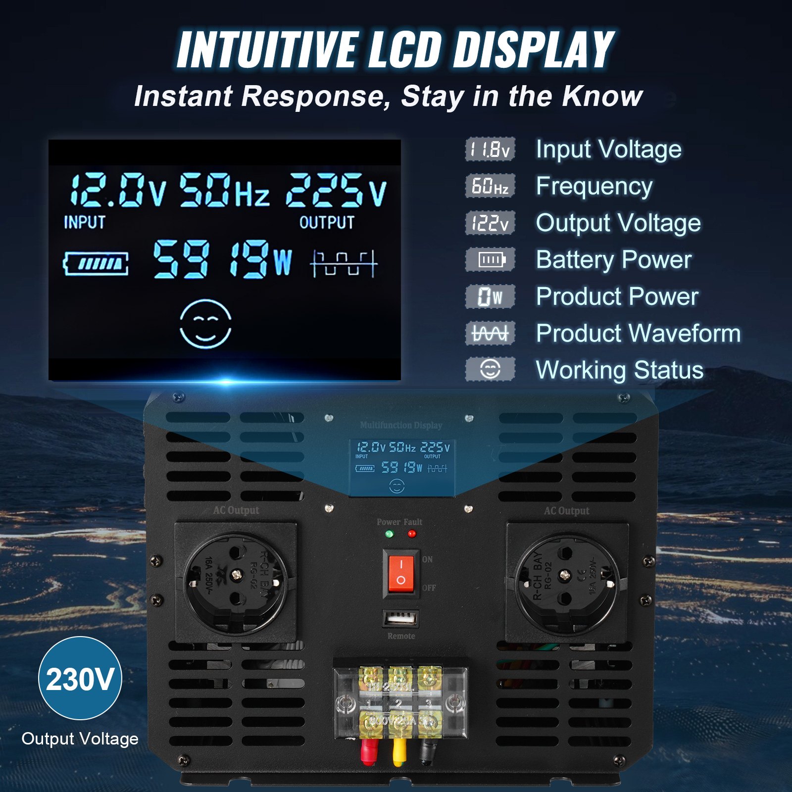VEVOR Invertitore a Onda Sinusoidale Pura, 5000 W Invertitore di Potenza, DC 12 V a AC 230 V Invertitore per Auto con Schermo LCD Porta USB, Telecomando, per Camper Sistema Solare Viaggio Campeggio