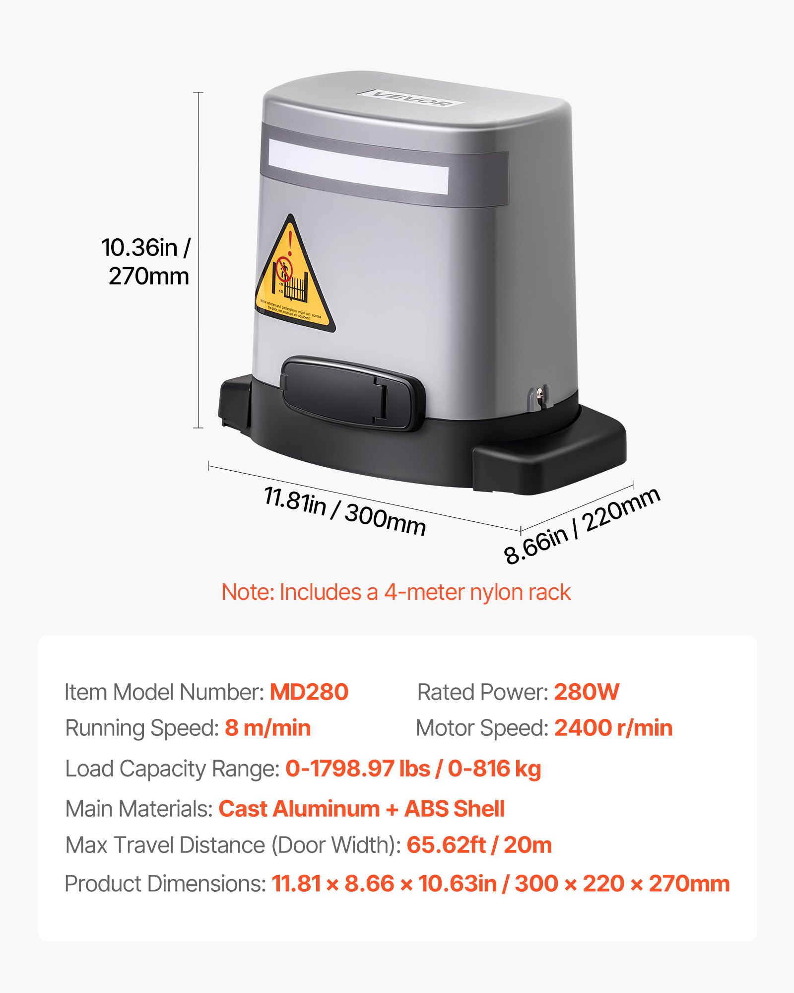 VEVOR Apricancello Scorrevole Solare, Kit Apricancello Elettrico da 280 W per Cancello Fino a 20 m e 816 kg, Motore per Porta Scorrevole con Binario a Ingranaggi, Sensore a Infrarossi