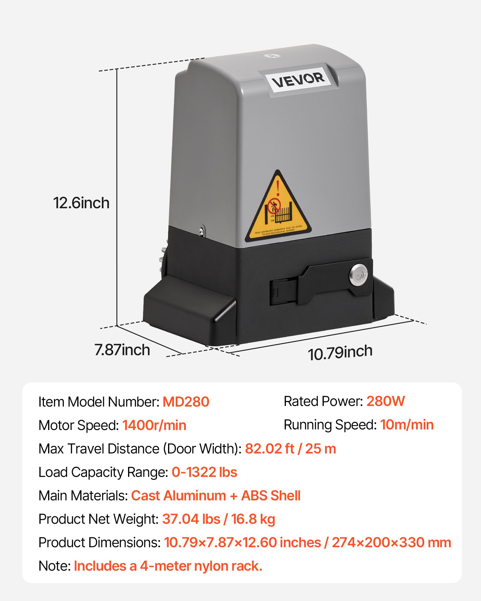 VEVOR Apricancello per Porta a Scorrimento Apricancello per Porta Scorrevole Elettrico da 280 W per Porte Fino a 25 m e 816 kg, Motore con Cremagliera in Nylon, Sensore a Infrarossi