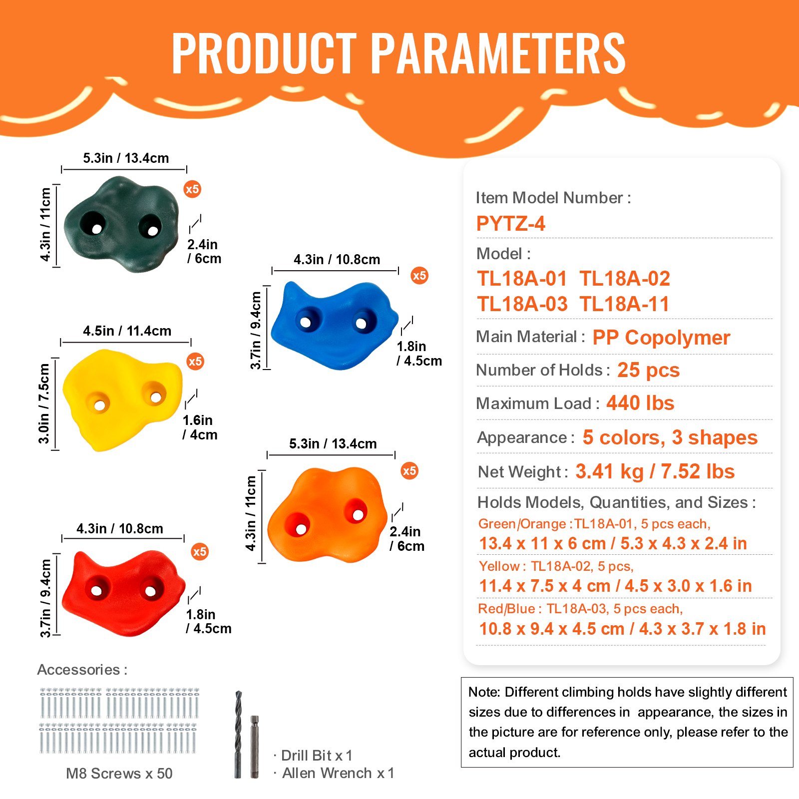 VEVOR 25 Prese per Arrampicata su Roccia di Diverse Dimensioni, Rocce da Arrampicata di Multicolori per Bambini Adulti, Hardware di Montaggio, per Set da Gioco per Parchi Giochi al Chiuso e all'Aperto