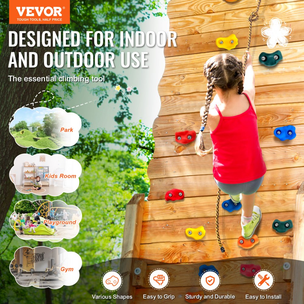 VEVOR 25 Prese per Arrampicata su Roccia di Diverse Dimensioni, Rocce da Arrampicata di Multicolori per Bambini Adulti, con Corda Annodata, Maniglie e Accessori di Montaggio, per Interni ed Esterni