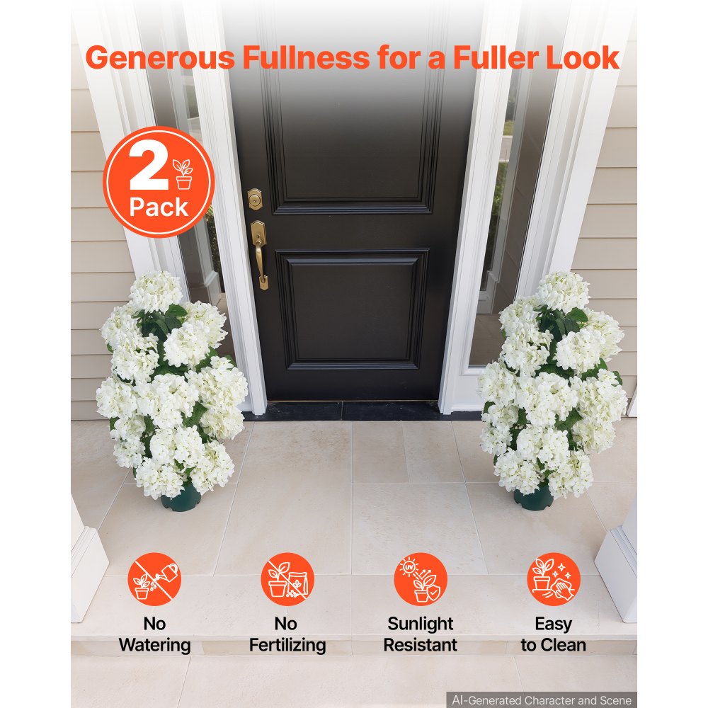 VEVOR Artificial Potted Hydrangeas 762 mm 2-Pack Fake Flower Plants White, for Porch, Patio, Entryway, & Home Decor, Indoor & Outdoor Use, Silk and PE Blooms in Pots, Ready to Display Faux Plants