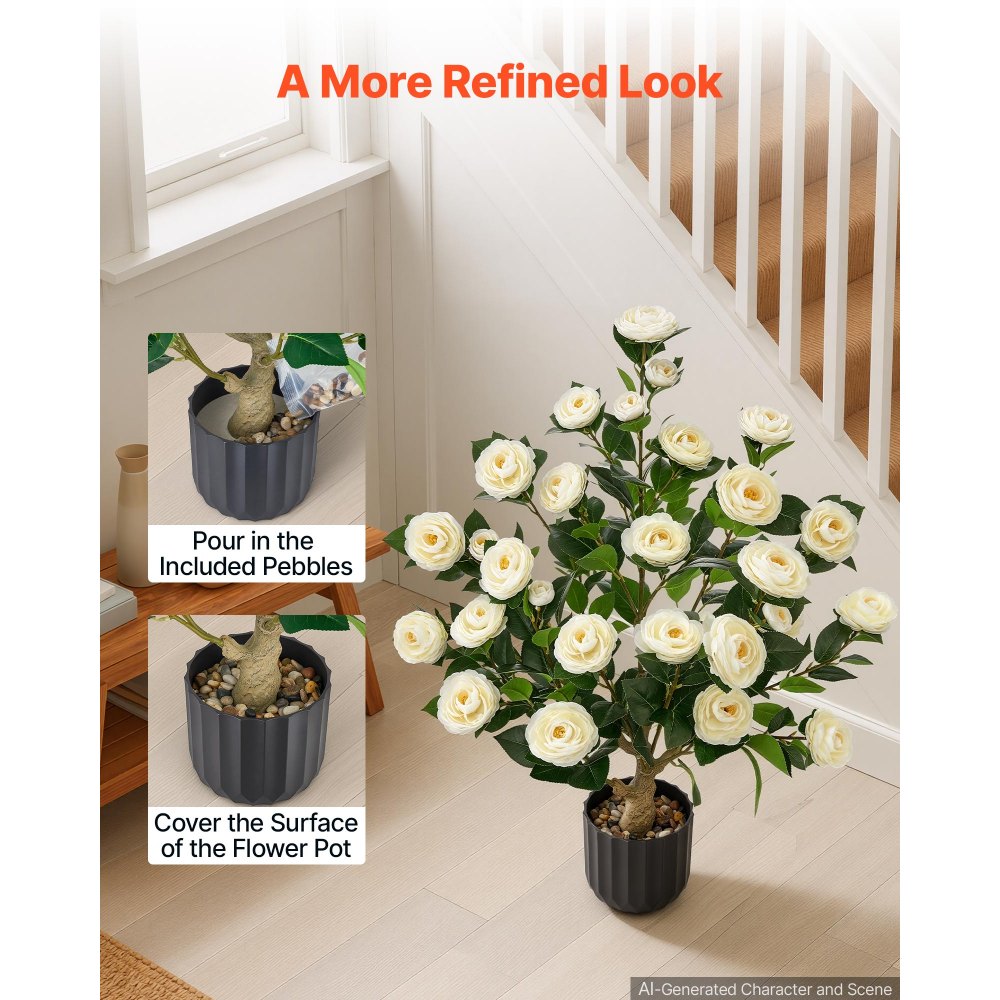 VEVOR Artificial Potted Camellias 863 mm 2-Pack Fake Flower Plants White, for Porch, Patio, Entryway, & Home Decor, Indoor & Outdoor Use, Silk and PE Blooms in Pots, Ready to Display Faux Plants