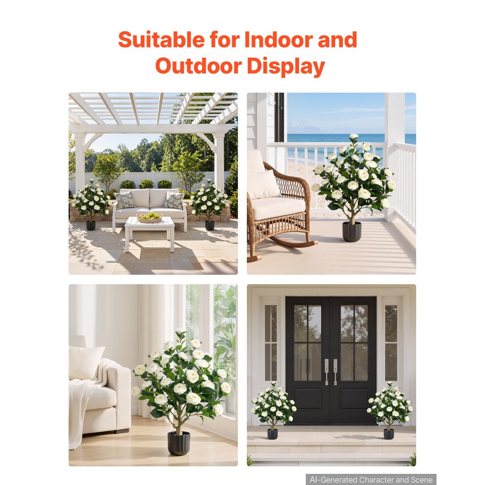 VEVOR Artificial Potted Camellias 863 mm 2-Pack Fake Flower Plants White, for Porch, Patio, Entryway, & Home Decor, Indoor & Outdoor Use, Silk and PE Blooms in Pots, Ready to Display Faux Plants