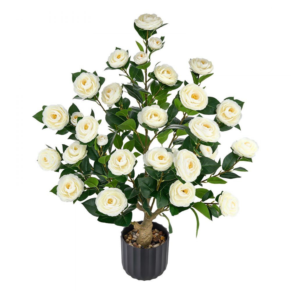 VEVOR Artificial Potted Camellias 863 mm 2-Pack Fake Flower Plants White, for Porch, Patio, Entryway, & Home Decor, Indoor & Outdoor Use, Silk and PE Blooms in Pots, Ready to Display Faux Plants