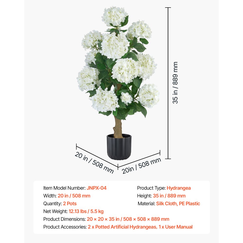 VEVOR Artificial Potted Hydrangeas 889 mm 2-Pack Fake Flower Plants White, for Porch, Patio, Entryway, & Home Decor, Indoor & Outdoor Use, Silk and PE Blooms in Pots, Ready to Display Faux Plants