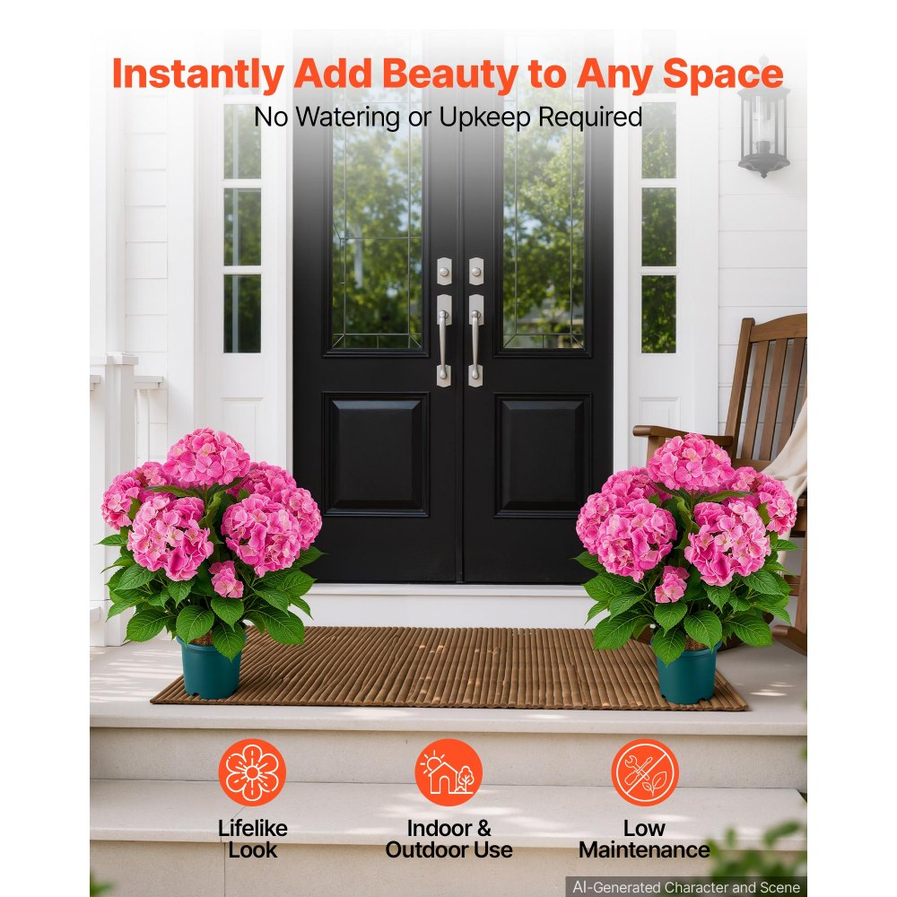 VEVOR Ortensie Artificiali in Vaso 711 mm, Set da 2 Fiorni Finti da Esterno, Fiori Artificiali Rosa in Seta e PE, con Vaso per Veranda, Patio, Ingresso, Casa, Interni ed Esterni, Pronte da Esporre