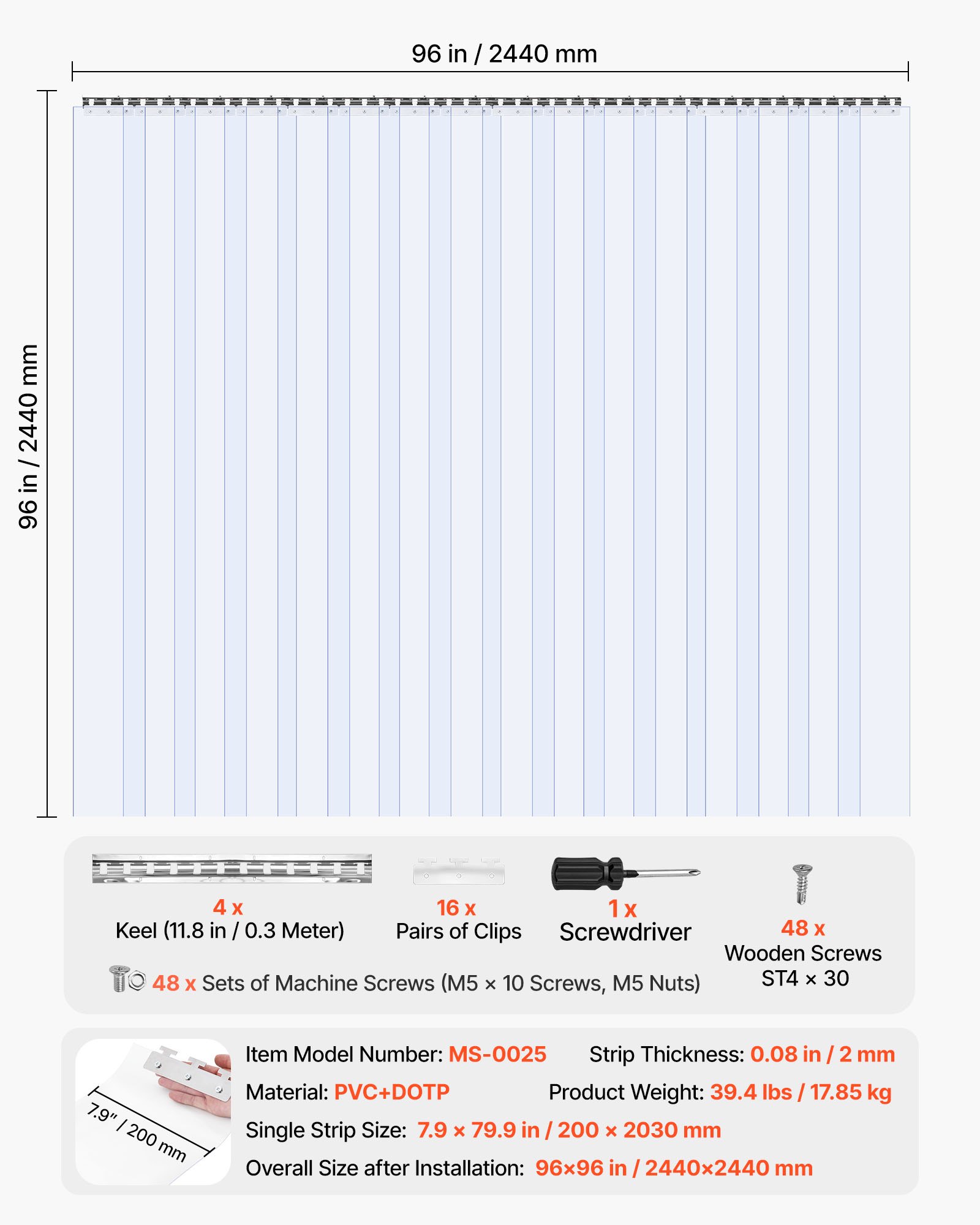 VEVOR Tenda a Strisce in Plastica Spessore 2mm, Altezza 2,4m, 16 Strisce di Tenda Larghezza 2,4 m per Isolamento per Congelatori Magazzini Garage, Tenda in Plastica Impermeabile per Porte