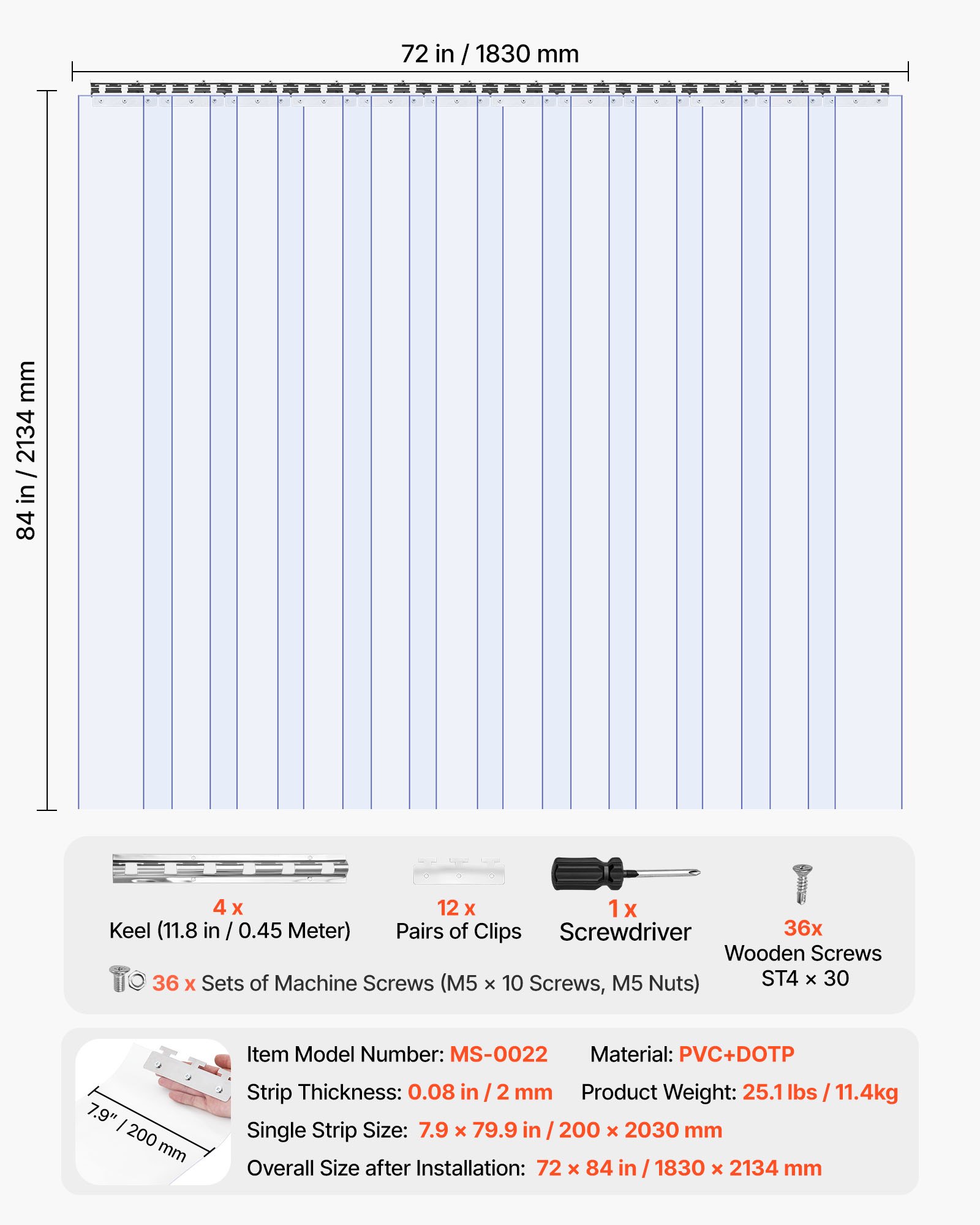 VEVOR Tenda a Strisce Trasparente, 2,1 x 1,8 m, 2 mm di Spessore, 12 Pezzi, per Congelatori e Refrigeratori, Strisce Lisce in Plastica Impermeabile per Porte di Magazzini, Congelatori e Garage