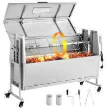 VEVOR Griglia per Maialino Griglia a Carbone, Lunghezza 1168,4 mm 38 W con Capacità di Carico di 60 kg e Ruote e Regolazione dell'Altezza a 4 Vie e Coperchio,  in Acciaio Inossidabile per Campeggio