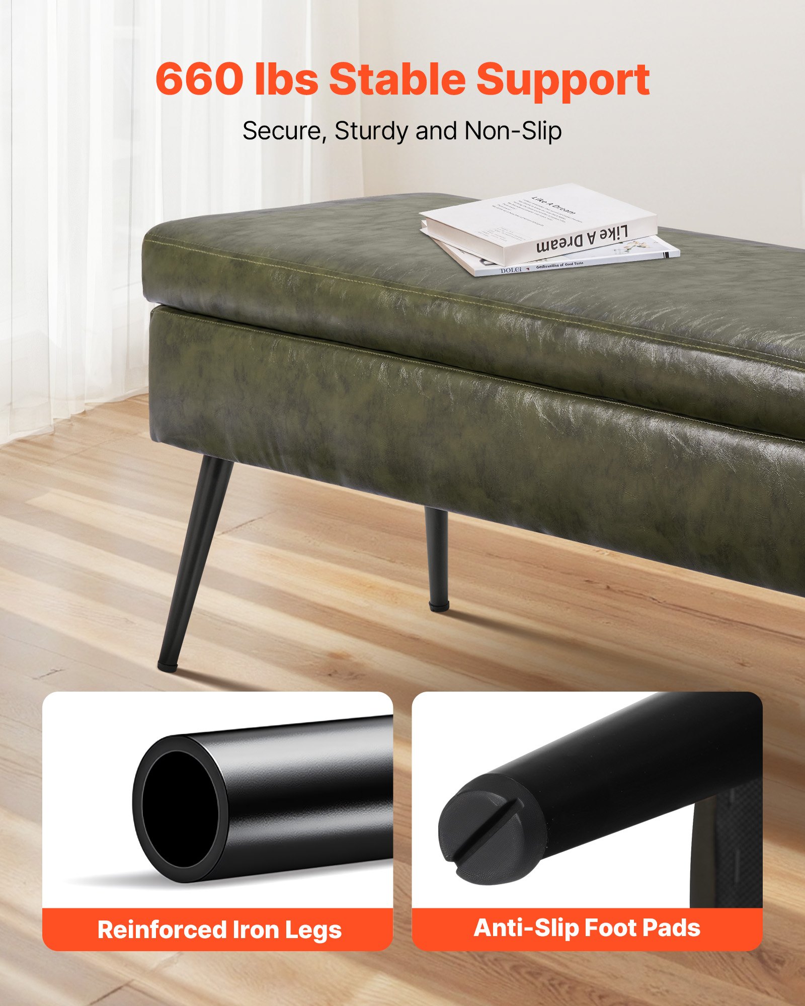 VEVOR Panca Contenitore in Pelle, Panca in Pelle PU con Contenitore e Gambe in Metallo, Panca Moderna per Ingresso, Panca Imbottita per Soggiorno, Sala da Pranzo, Corridoio, Colore Verde