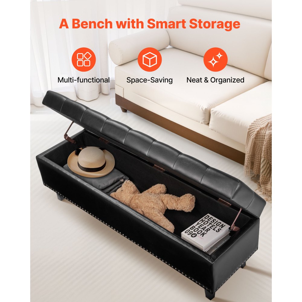 VEVOR Button-Tufted Storage Ottoman Bench, PU Leather Bench with Storage and Solid Wood Legs, Modern Shoe Benches Seat for Entryway, Upholstered End of Bed Benches for Living Room, Dining Room, Black