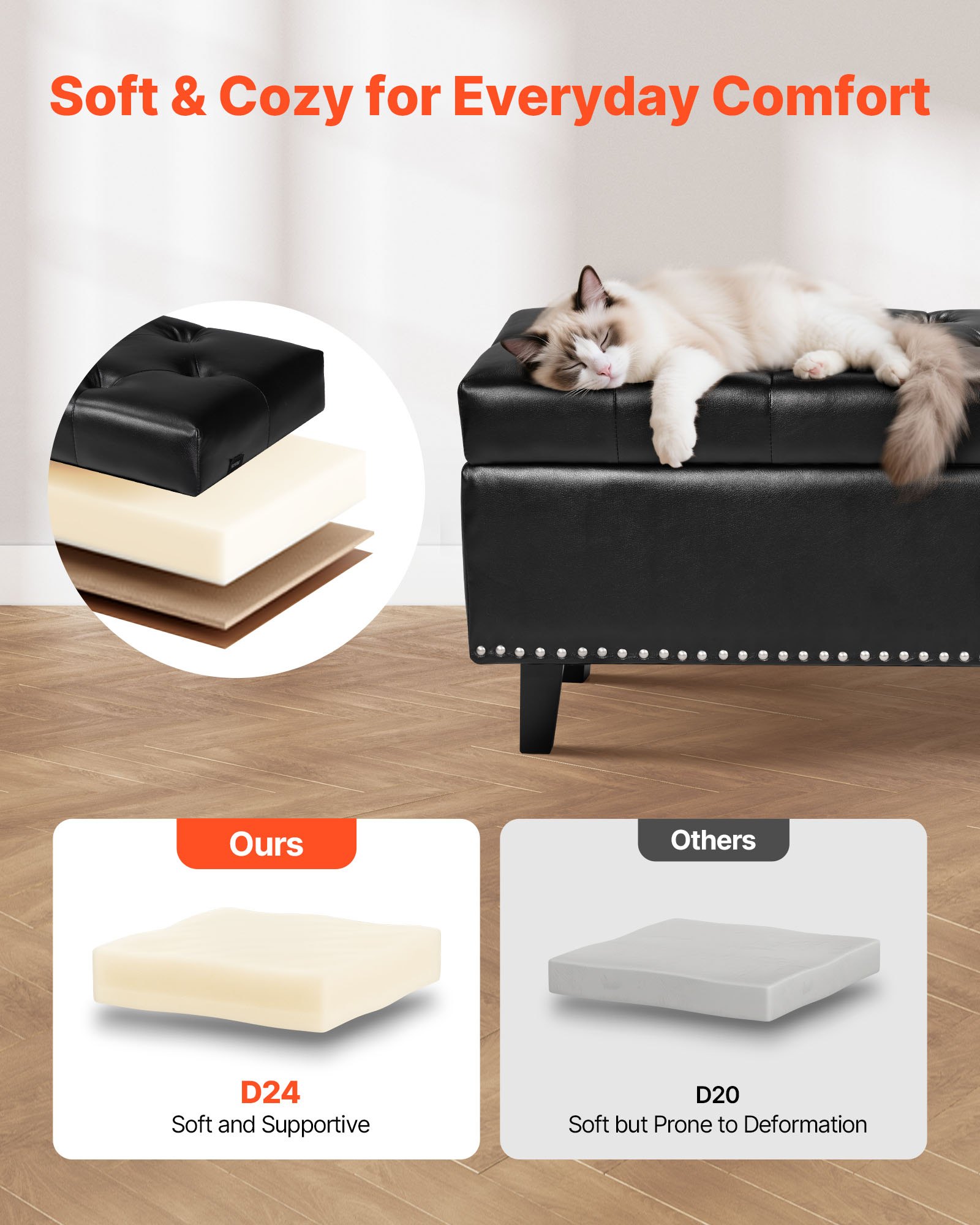 VEVOR Button-Tufted Storage Ottoman Bench, PU Leather Bench with Storage and Solid Wood Legs, Modern Shoe Benches Seat for Entryway, Upholstered End of Bed Benches for Living Room, Dining Room, Black