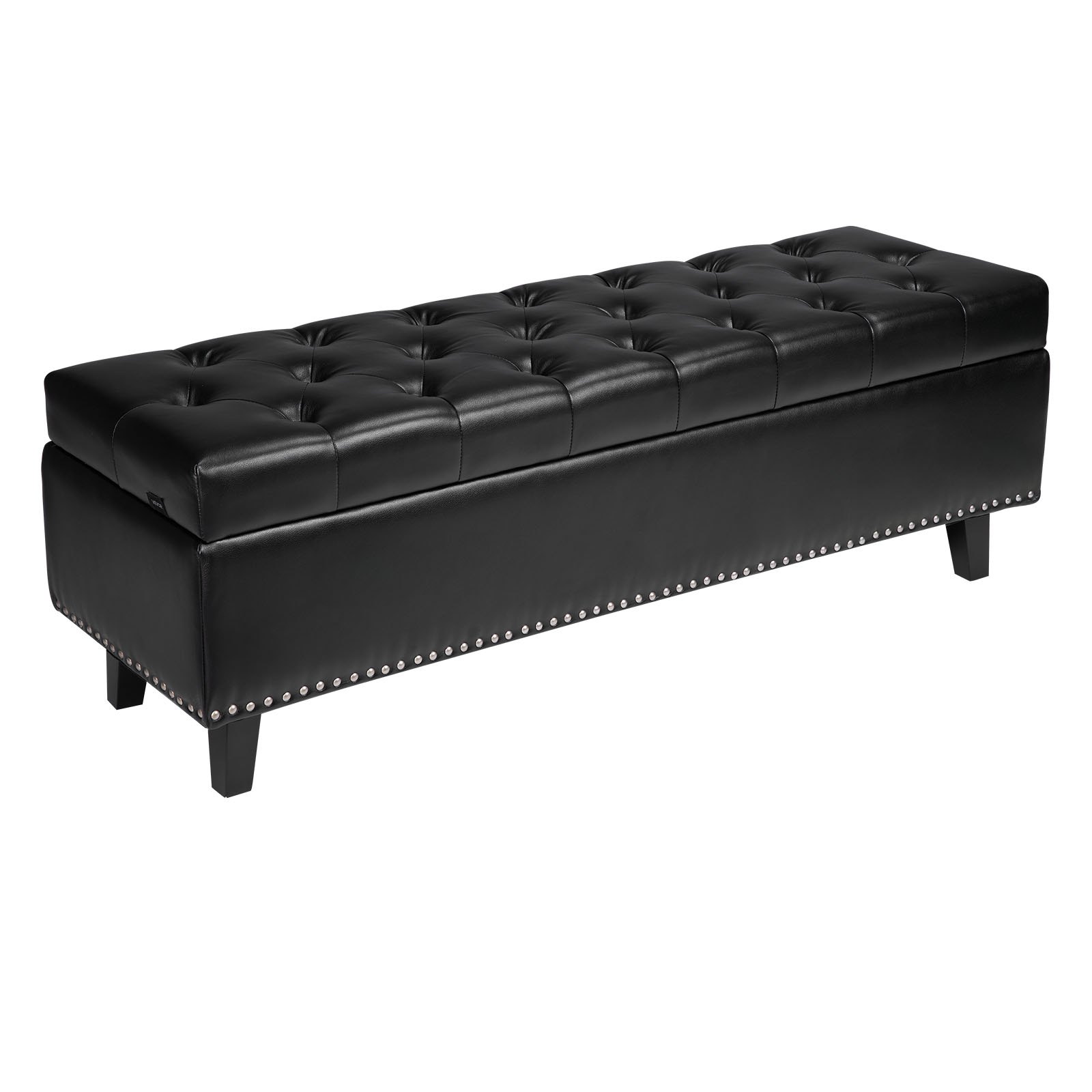 VEVOR Button-Tufted Storage Ottoman Bench, PU Leather Bench with Storage and Solid Wood Legs, Modern Shoe Benches Seat for Entryway, Upholstered End of Bed Benches for Living Room, Dining Room, Black