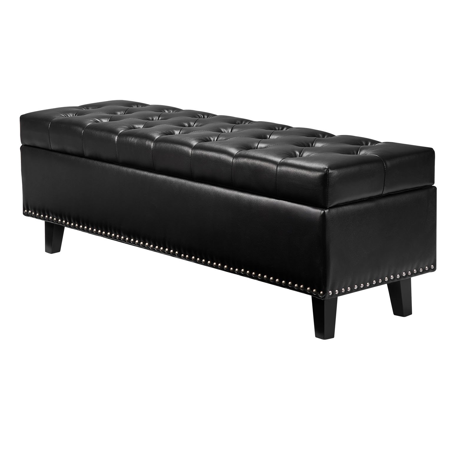 VEVOR Button-Tufted Storage Ottoman Bench, PU Leather Bench with Storage and Solid Wood Legs, Modern Shoe Benches Seat for Entryway, Upholstered End of Bed Benches for Living Room, Dining Room, Black