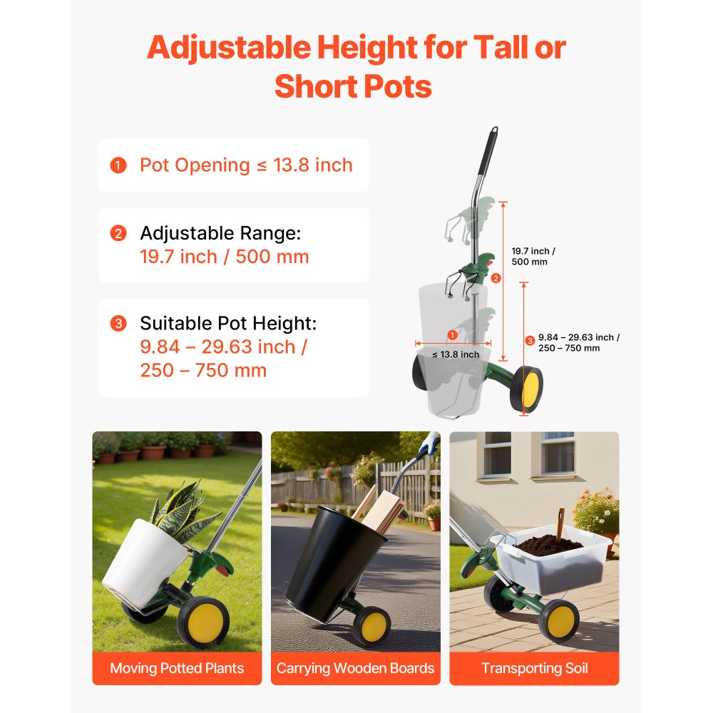 VEVOR Carrello Porta Piante in Vaso da Giardino, Carrello per Traslochi di Vasi Trasporta Piante con Braccio ad Artiglio Regolabile, Capacità di Carico 65 kg, per Giardinaggio