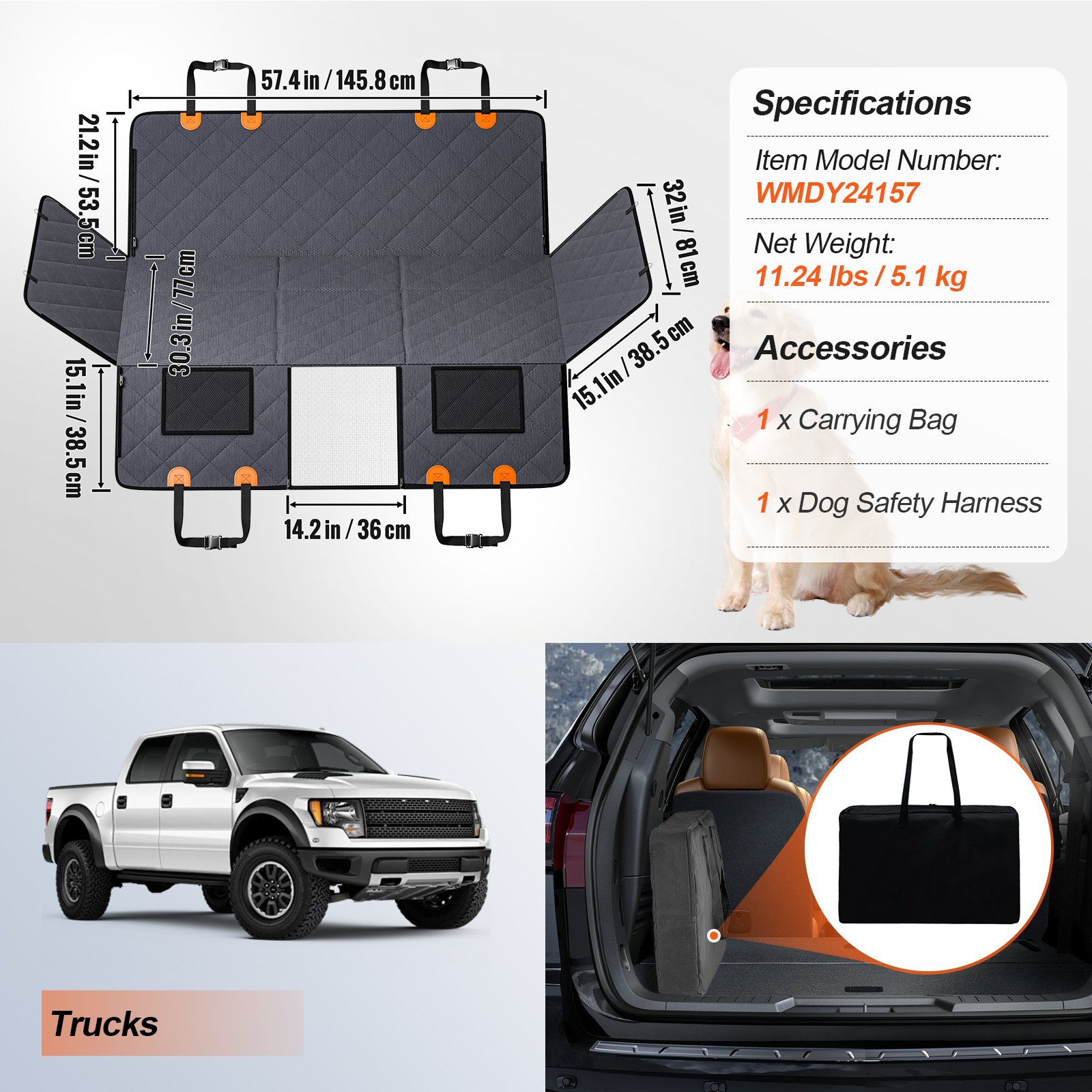 VEVOR Backseat Extender, Car Seat Cover for Dogs as a Backseat Bed with Mesh Window and Storage Pocket, Supports 180 kg, Dog Hammock for Cars, Dog Car Bed 145 x 77 cm, for Trucks