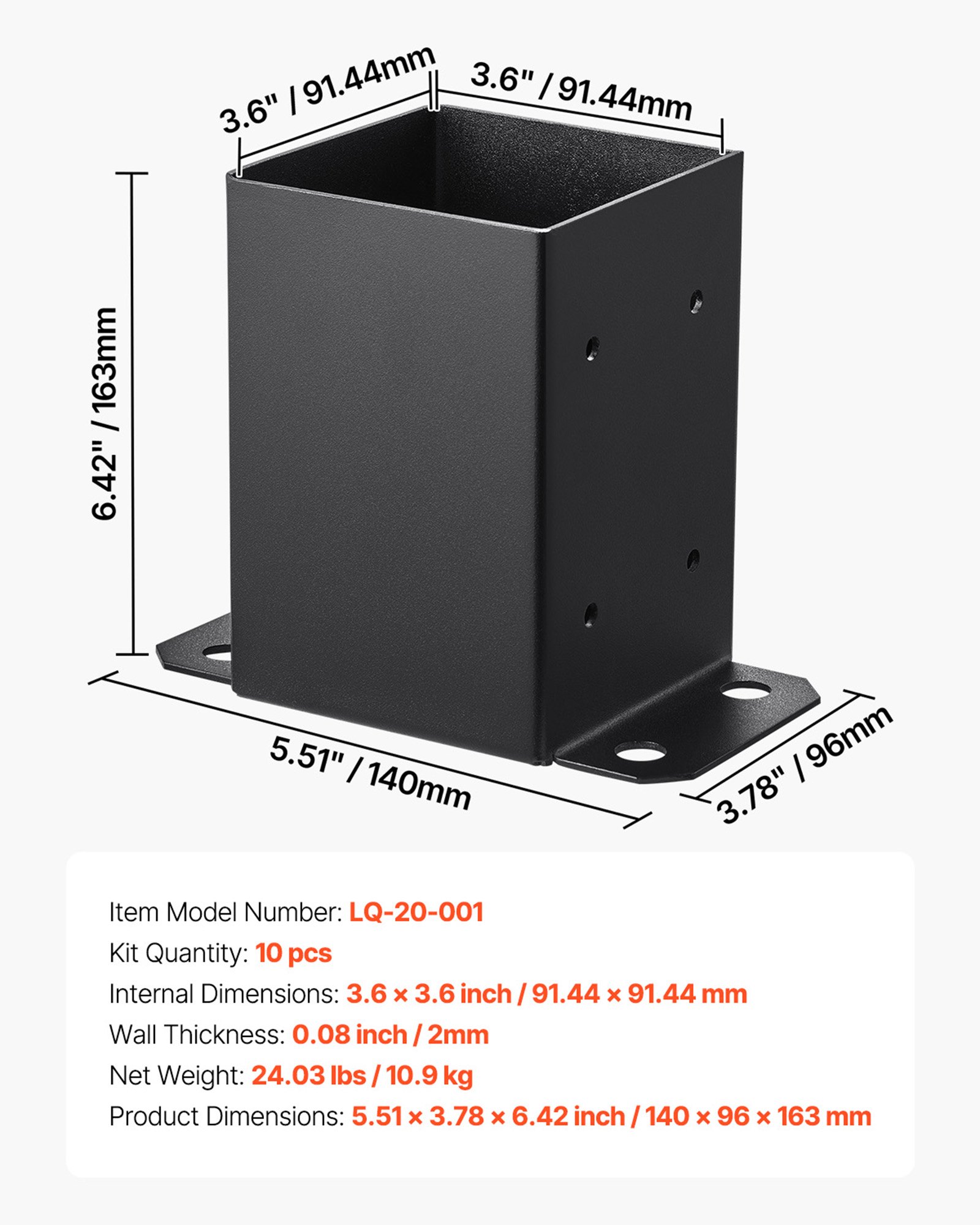 VEVOR 4x4 Post Base 10 Pcs, Inner Size 3.6x3.6 inch / 91.44x91.44 mm Post Brackets, Heavy Duty Carbon Steel Decking Posts, Wood Posts Brackets for Pavilion Deck Railing Support Deck Base Plate, Black