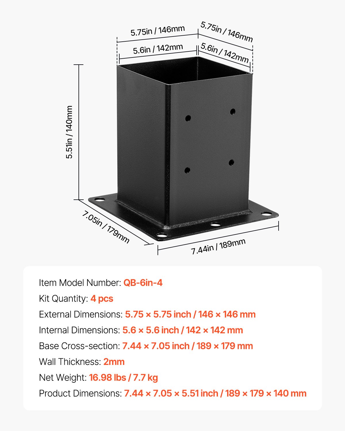 VEVOR Base per Pali 146 x 146 mm Dimensioni Interne 142 x 142 mm Staffe per Pali in Acciaio al Carbonio per Impieghi Gravosi, per Supporto Ringhiera per Gazebo, Piastra di Base per Ponte, 4 PZ, Nero