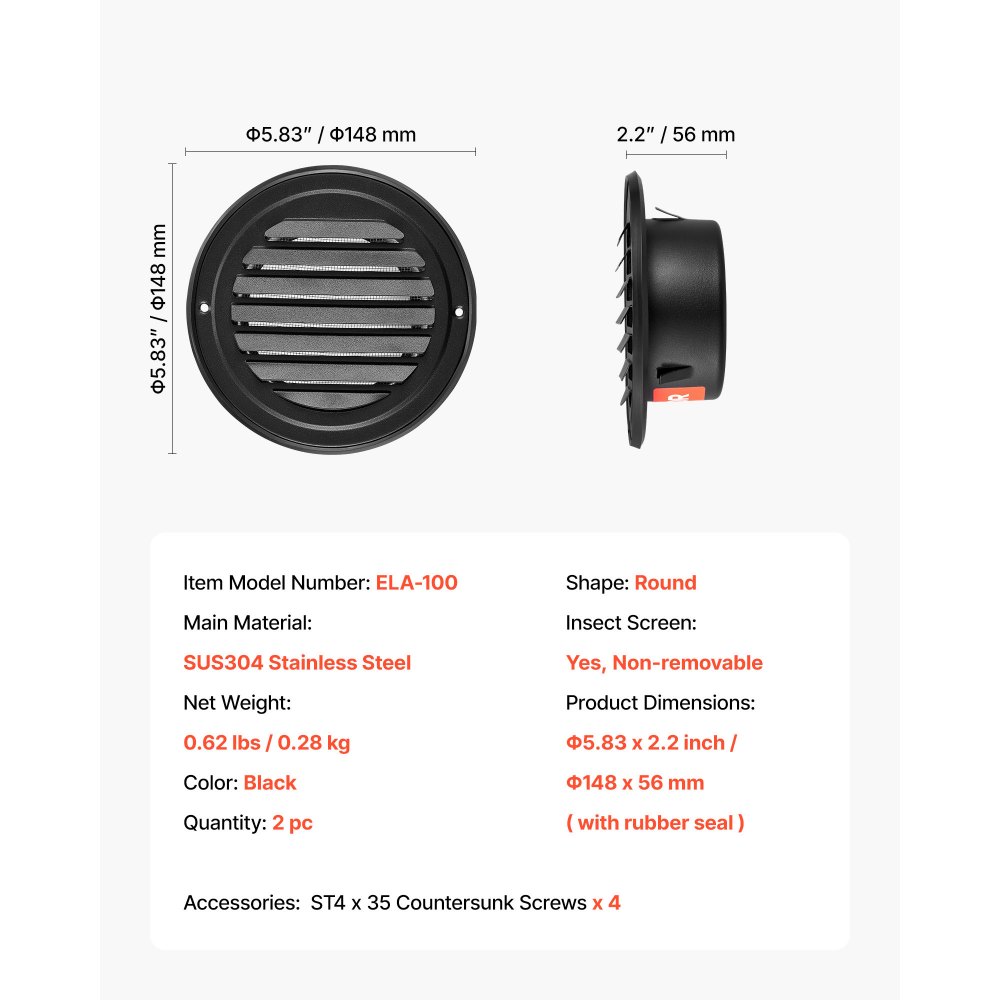 VEVOR Copertura per Presa d'Aria a Parete 97 mm, Copertura per Presa d'Aria a Timpano Rotonda con Persiana, in Acciaio Inox e con Schermo di Protezione Integrato, per Casa, Bagno, 2 Pezzi, Nero