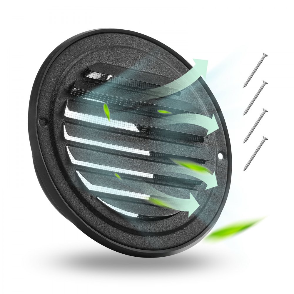 VEVOR Copertura per Presa d'Aria a Parete 97 mm, Copertura per Presa d'Aria a Timpano Rotonda con Persiana, in Acciaio Inox e con Schermo di Protezione Integrato, per Casa, Bagno, 2 Pezzi, Nero