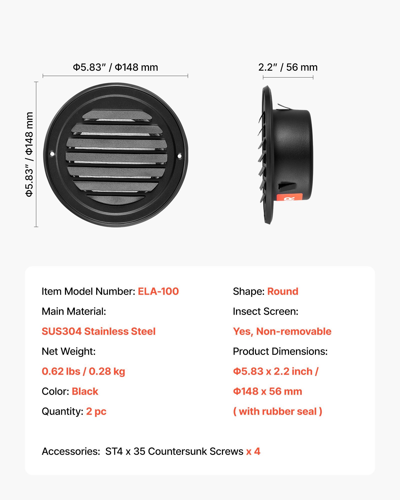 VEVOR Copertura per Presa d'Aria a Parete 97 mm, Copertura per Presa d'Aria a Timpano Rotonda con Persiana, in Acciaio Inox e con Schermo di Protezione Integrato, per Casa, Bagno, 2 Pezzi, Nero