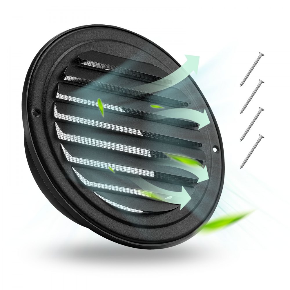 VEVOR Copertura per Presa d'Aria a Parete 145 mm, Copertura per Presa d'Aria a Timpano Rotonda con Persiana, in Acciaio Inox φ 208 x 68 mm, per Casa, Bagno, 2 Pezzi, Nero