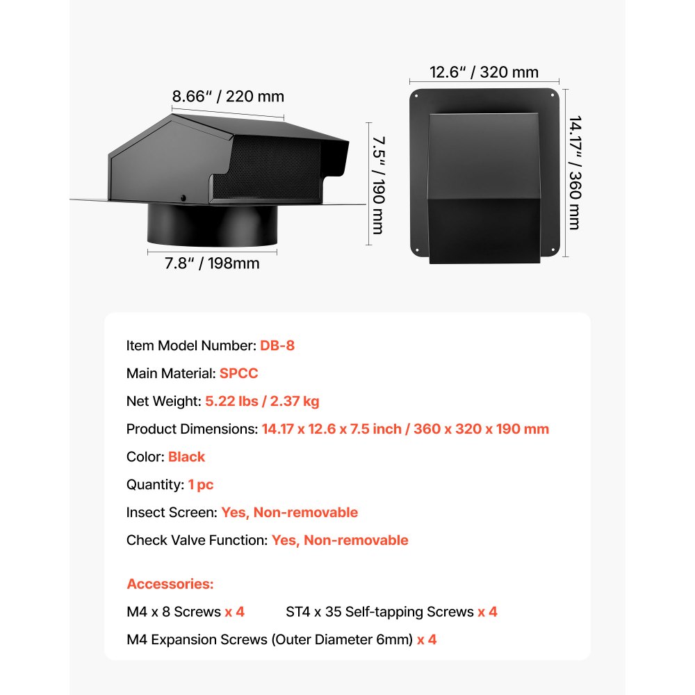 VEVOR 198 mm Hooded Wall Vent Cover, Square AC Vent Gable Cover, Premium SPCC Steel & with Built-in a Protection Screen, for Roofs,Walls,Outside Duct Exhaust Outlets (1 Pack, Black)