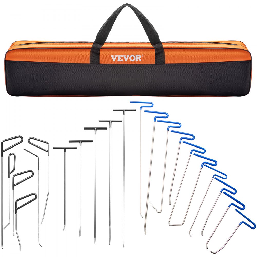 Kit di rimozione ammaccature VEVOR con 14 barre di metallo e custodia arancione per il trasporto.