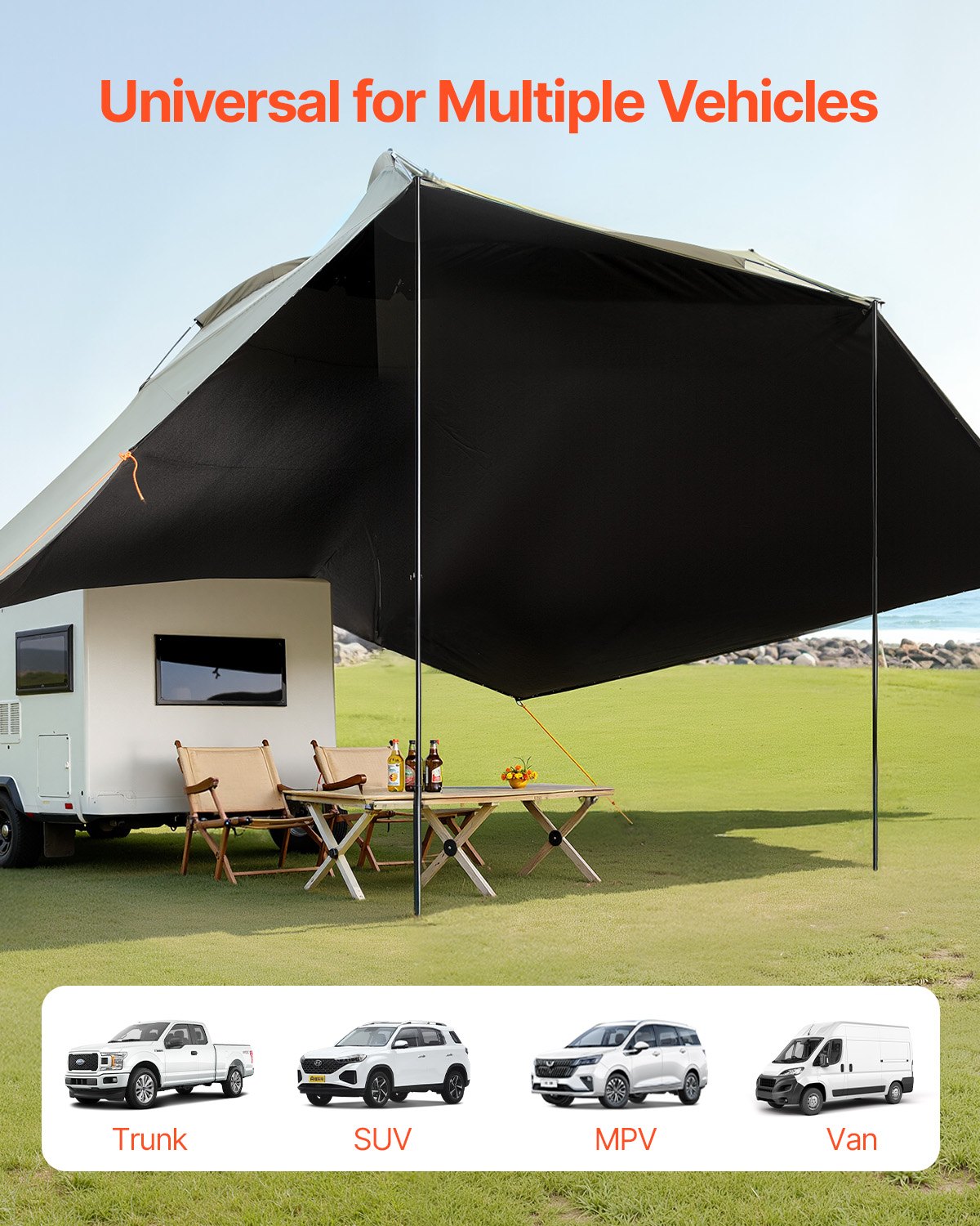 VEVOR Caravan Sun Awning 3x2.1m Motorhome Sun Canopy UV50+ UV Protection Awning 190T Polyester Fabric PU2000mm Waterproof incl. Portable Bag Ideal for Camping Family Gatherings Trips
