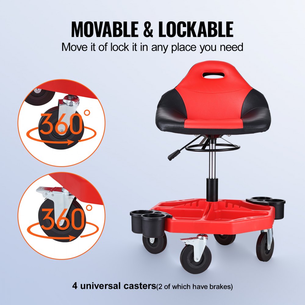 VEVOR Sgabello da Officina Mobile Portata 136 kg, Sgabello da Meccanico con Rotelle Altezza Regolabile 41-53 cm, Sedile con Ripiano per Attrezzi, Sgabello per Manutenzione Garage Riparazioni Auto