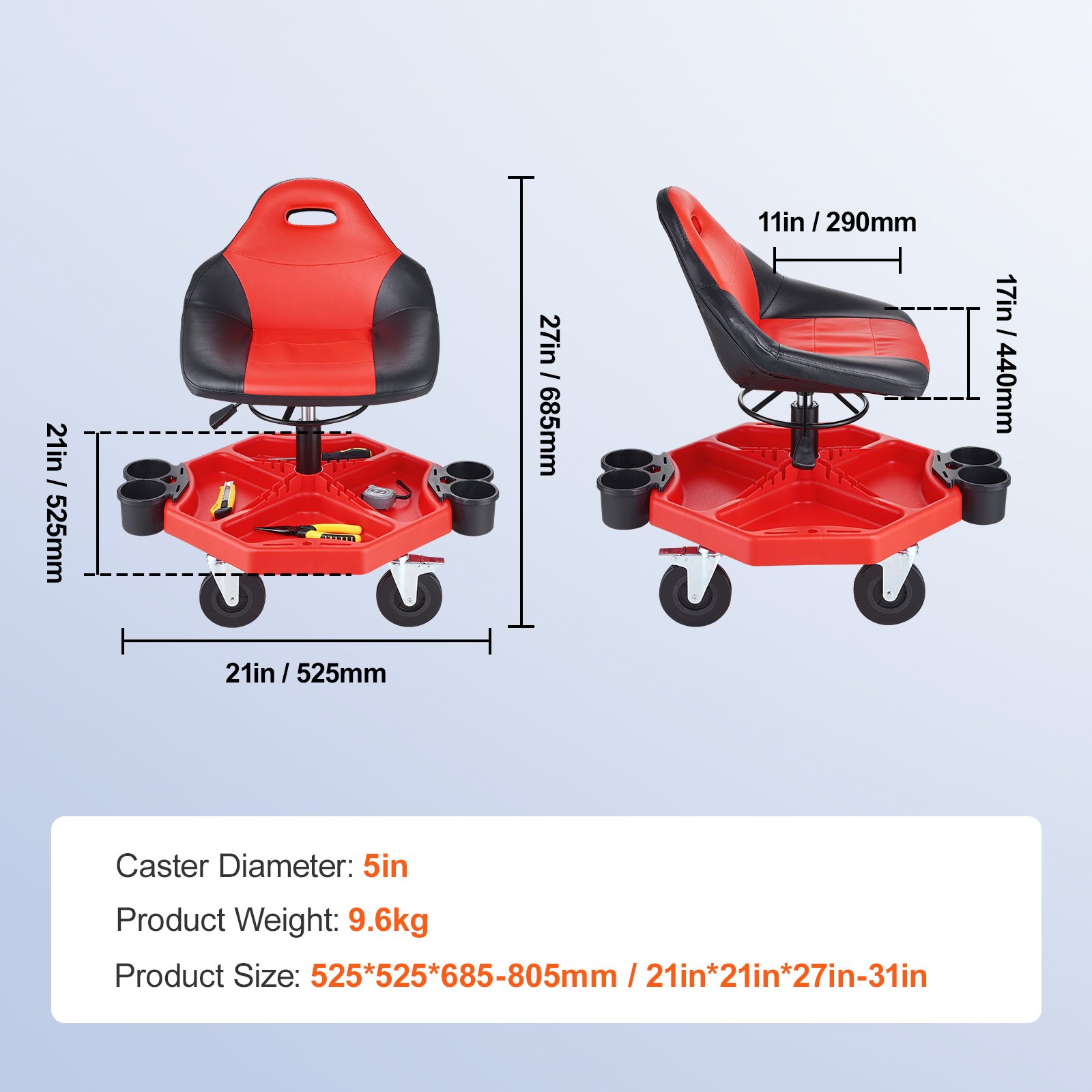 VEVOR Sgabello da Officina Mobile Portata 136 kg, Sgabello da Meccanico con Rotelle Altezza Regolabile 41-53 cm, Sedile con Ripiano per Attrezzi, Sgabello per Manutenzione Garage Riparazioni Auto