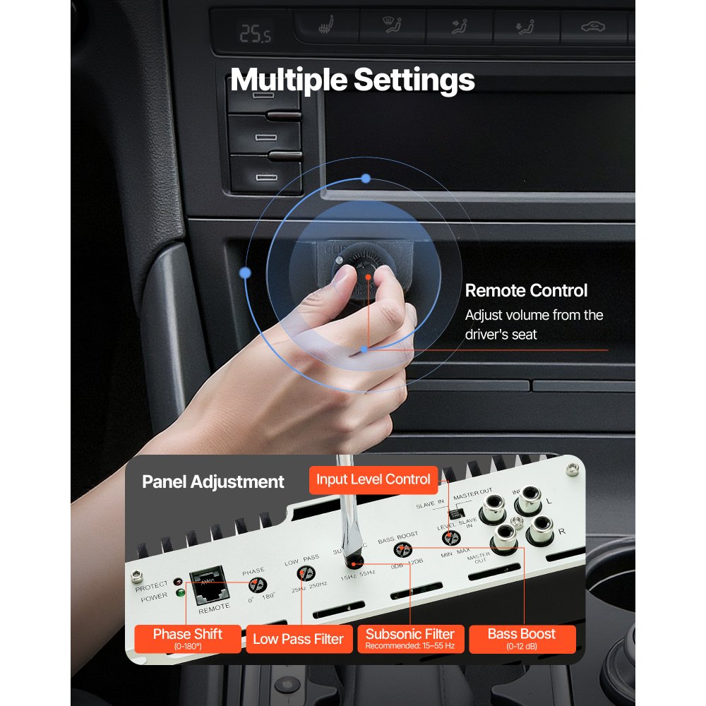 VEVOR Amplificatore Monoblocco per Auto 1200 W Classe D con Controllo Remoto del Livello del Subwoofer, filtro Passa-Basso, Potenziamento dei Bassi, Spostamento di Fase, Controllo del Volume