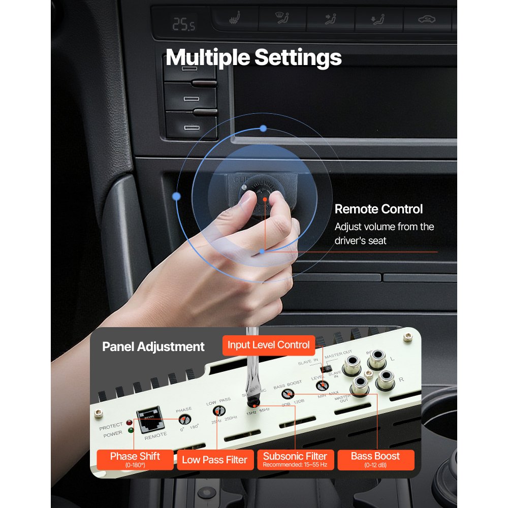 VEVOR Amplificatore Monoblocco per Auto 400W Classe D con Controllo Remoto del Livello del Subwoofer, Filtro Passa-Basso, Potenziamento dei Bassi, Spostamento di Fase, Controllo del Volume