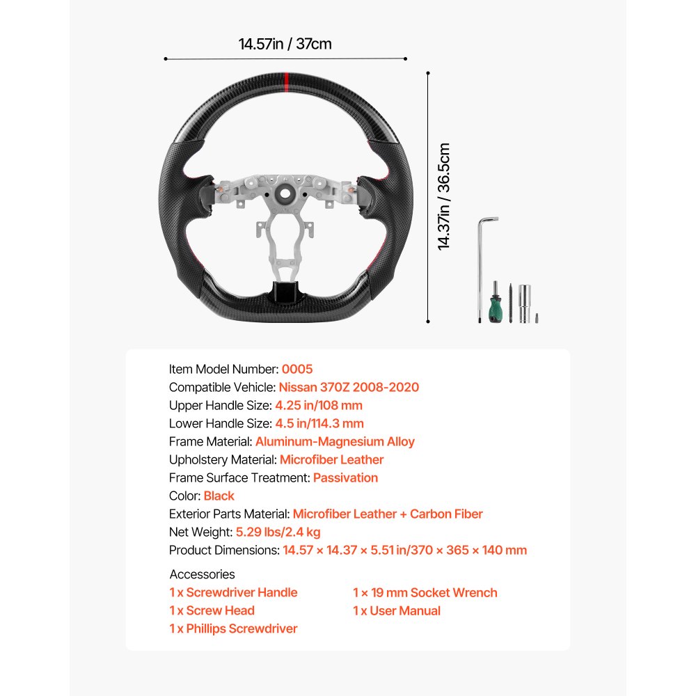 VEVOR Volante per Nissan 370Z 2008-2020, Volante in Fibra di Carbonio a Forma di D con Fondo Piatto, Impugnatura in Pelle con Trama Antiscivolo e Cuciture Precise, Accessori di Ricambio