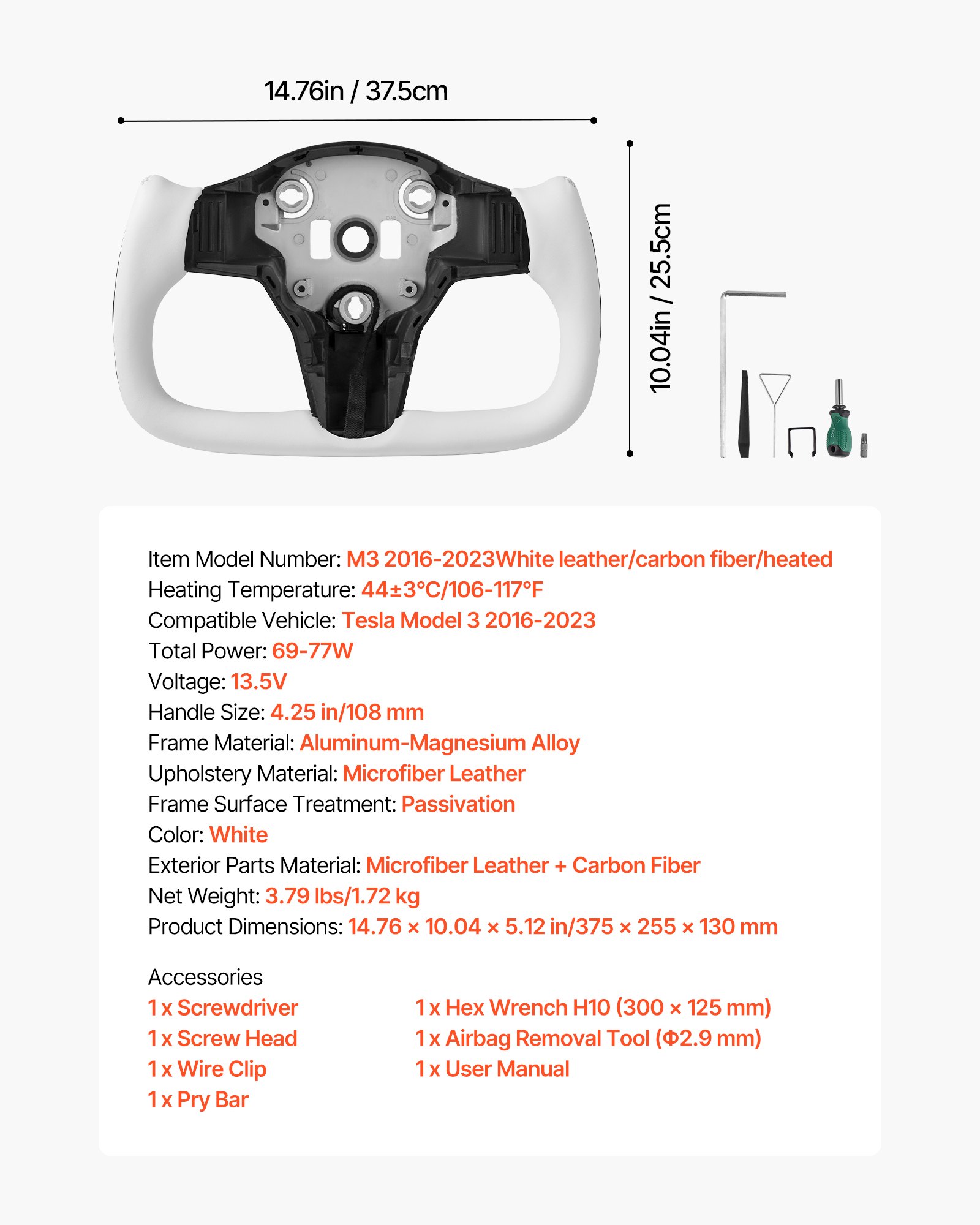 VEVOR Volante per Tesla Model 3 2016-2023, Volante in Fibra di Carbonio a Forma di D con Fondo Piatto e Funzione di Riscaldamento, Impugnatura in Pelle con Trama Antiscivolo, Accessori di Ricambio