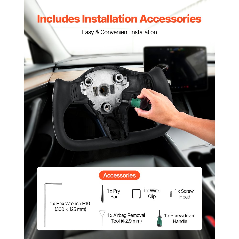 VEVOR Volante per Tesla Model 3 2016-2023, Volante in Fibra di Carbonio a Forma di D con Fondo Piatto e Funzione di Riscaldamento, Impugnatura in Pelle con Trama Antiscivolo, Accessori di Ricambio