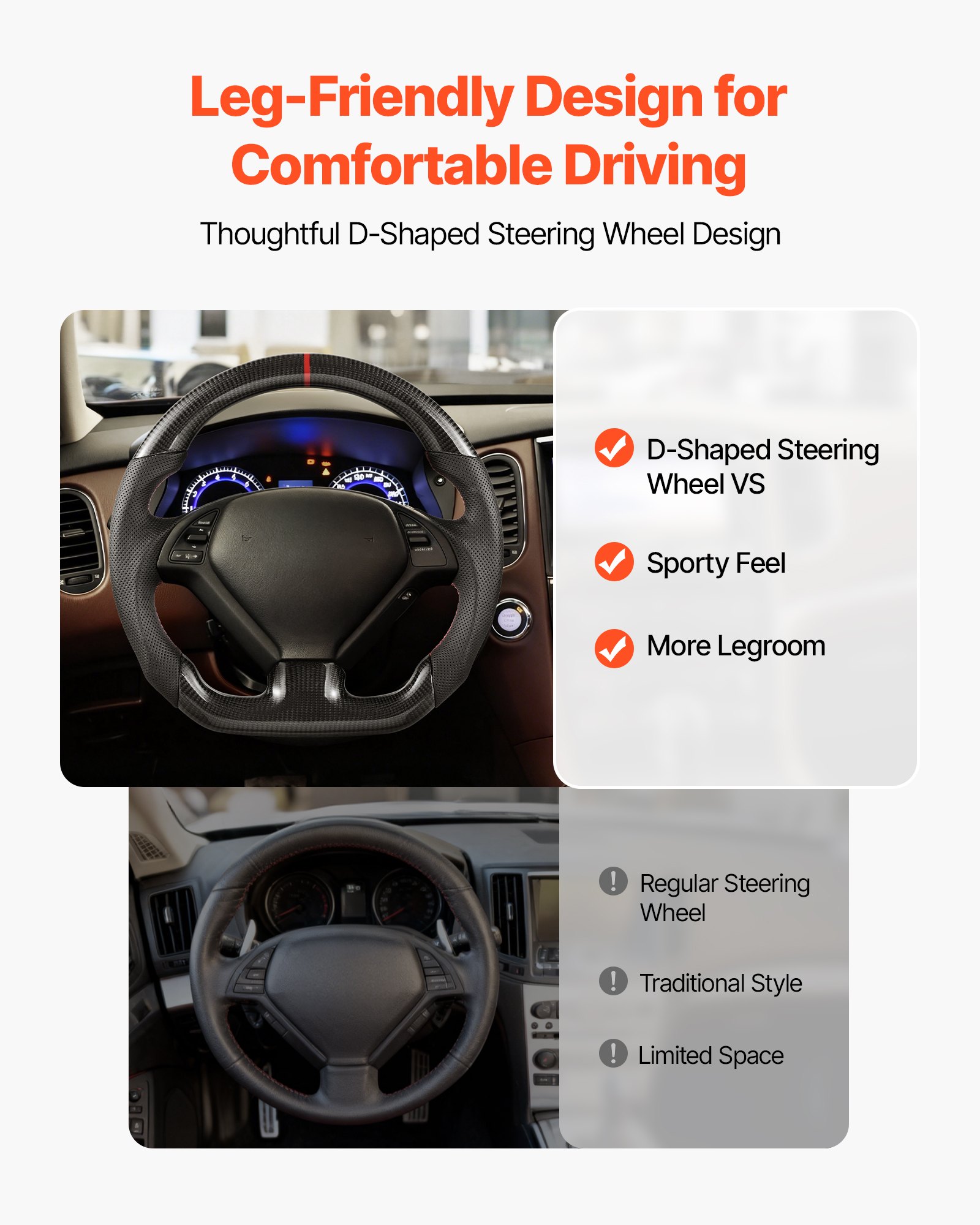 VEVOR Volante per Infiniti G37 2007-2013 Volante in Fibra di Carbonio a Forma di D con Fondo Piatto, Impugnatura in Pelle con Trama Antiscivolo e Cuciture Precise, Accessori di Ricambio per Infiniti