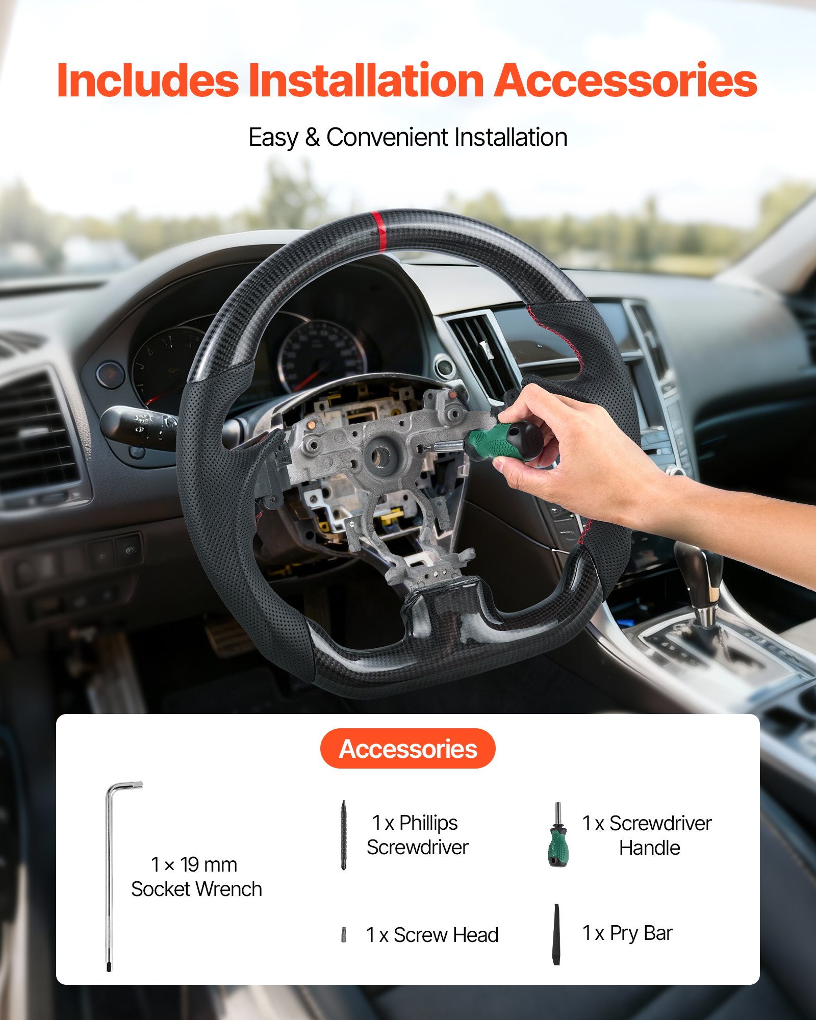 VEVOR Volante per Infiniti G37 2007-2013 Volante in Fibra di Carbonio a Forma di D con Fondo Piatto, Impugnatura in Pelle con Trama Antiscivolo e Cuciture Precise, Accessori di Ricambio per Infiniti