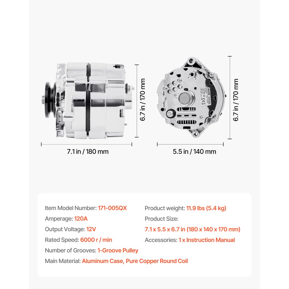 VEVOR Car Alternator 7127-SE105C, Fit for 1 Wire Self Exciting Street Rod GM 305 350 BBC SBC, 1973-1974 Apollo 4.1L, 1982 Century 2.5L, Automotive Replacement Alternator 1-2400-11DR-2, 7127-SECN-100A