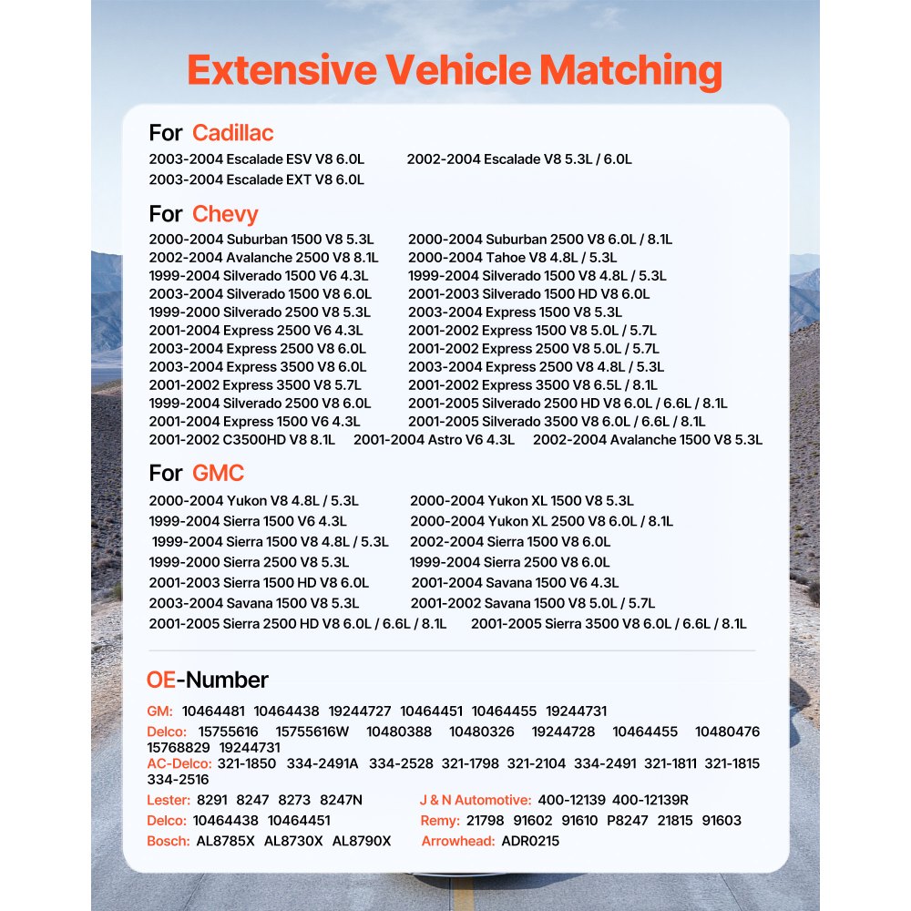 VEVOR Alternatore per Auto 8247N, per Cadillac Escalade V8 5.3L/6.0L 2002-2004, Chevy Suburban 1500 2000-2004, GMC Yukon V8 4.8L/5.3L 2000-2004, Alternatore di Ricambio 10464481, 15755616