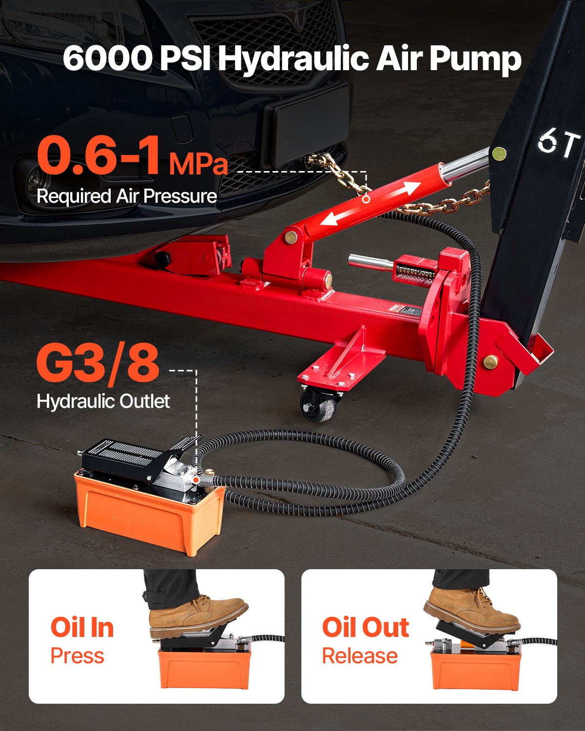 VEVOR Estrattore e Raddrizzatore per Carrozzeria, con Tensione 6T, Pompa Idraulica a Pedale e Perno Girevole, 16 Utensili di Raddrizzamento, per Officina, Berlina, SUV 2500 x 1900 x 2250 mm