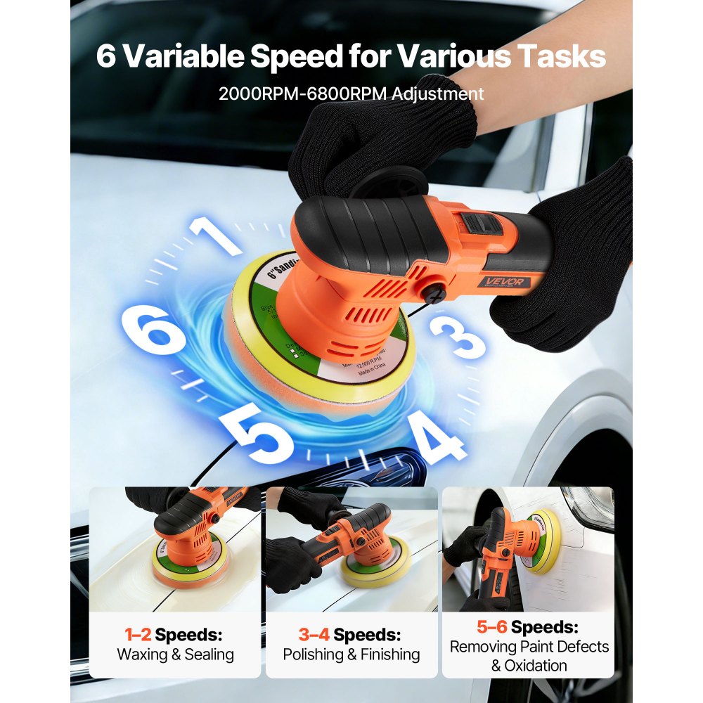 VEVOR Lucidatrice Orbitale Casuale per Auto 650 W, Lucidatrice a Doppia Azione da 150 mm, con 6 Velocità Variabili da 2000 a 6800 Giri/Min, Kit per Ceratura, Lucidatura e Rimozione Graffi, Multiuso