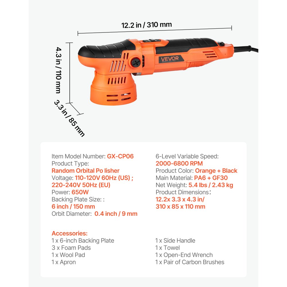 VEVOR Lucidatrice Orbitale Casuale per Auto 650 W, Lucidatrice a Doppia Azione da 150 mm, con 6 Velocità Variabili da 2000 a 6800 Giri/Min, Kit per Ceratura, Lucidatura e Rimozione Graffi, Multiuso