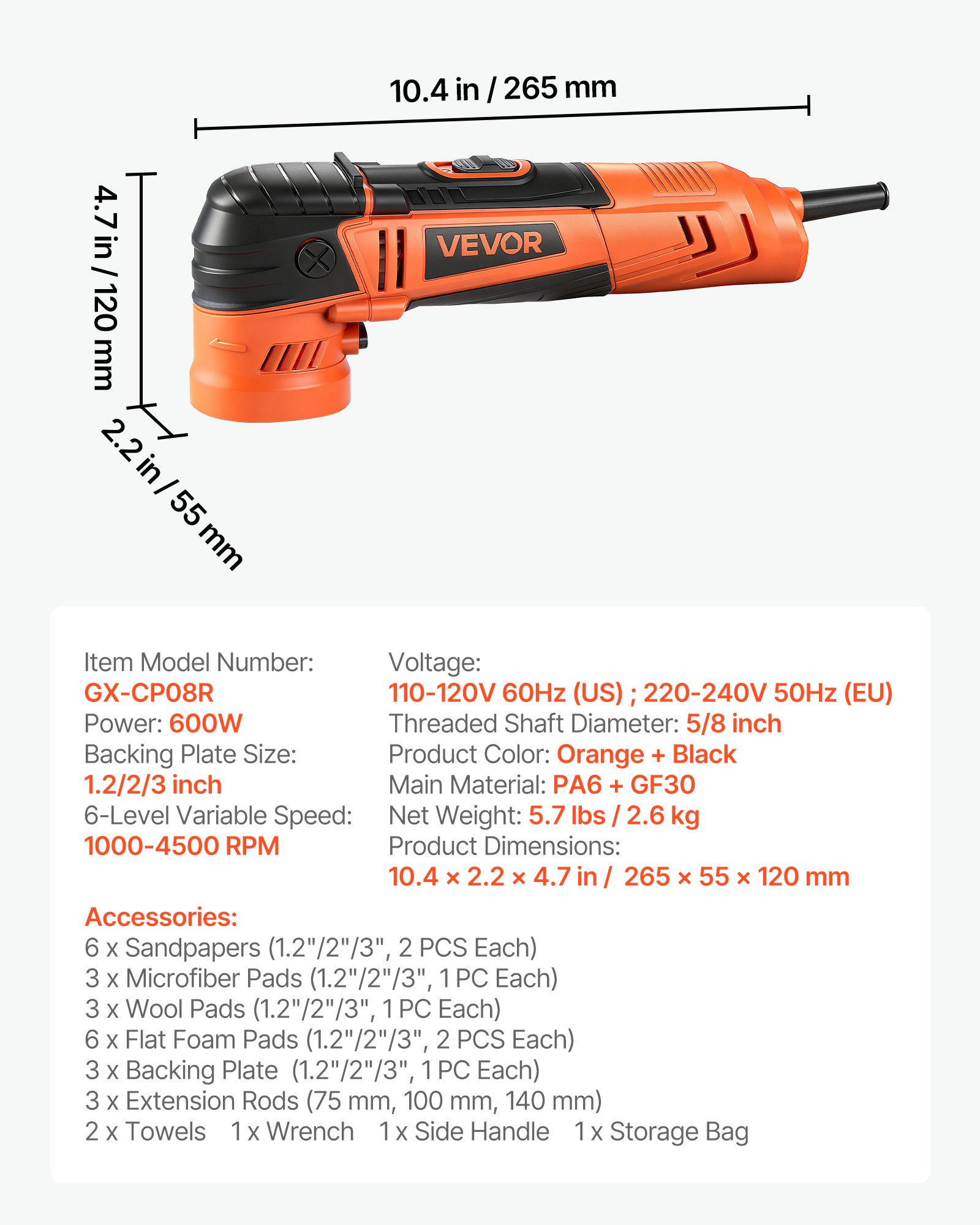 VEVOR Lucidatrice per Auto 600 W, Lucidatrice Rotativa per Auto con 6 Velocità Variabili da 1000 a 4500 Giri/Min, Dischi da 30/50/76 mm, Kit per Ceratura, Lucidatura e Rimozione Graffi, Multifunzione