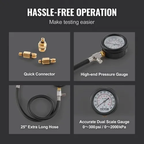 VEVOR Kit di Manometro per Compressione con 9 Adattatori Motori a Benzina Manometro 0-300 PSI, Manometro Misuratore Pressione Auto Strumento Diagnostico Cilindro Motore per Auto Moto Officina Garage