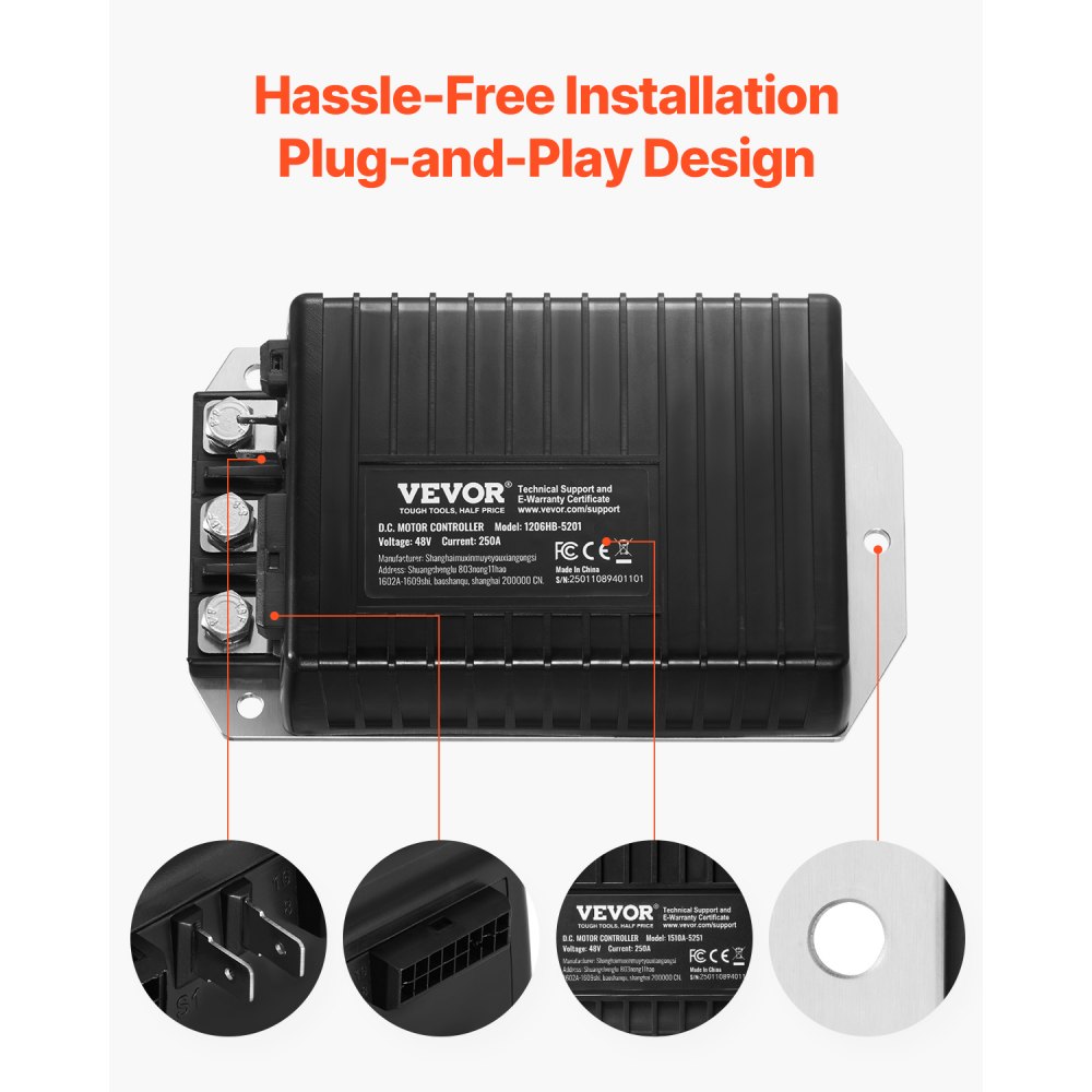 VEVOR Regolatore di Velocità del Motore CC Sostitutivo per Carrelli da Golf Club Car EZGO TXT, IP65, Alloggiamento in Lega di Alluminio e ABS, Compatibile con i Modelli 1206HB-5201 48V 250A