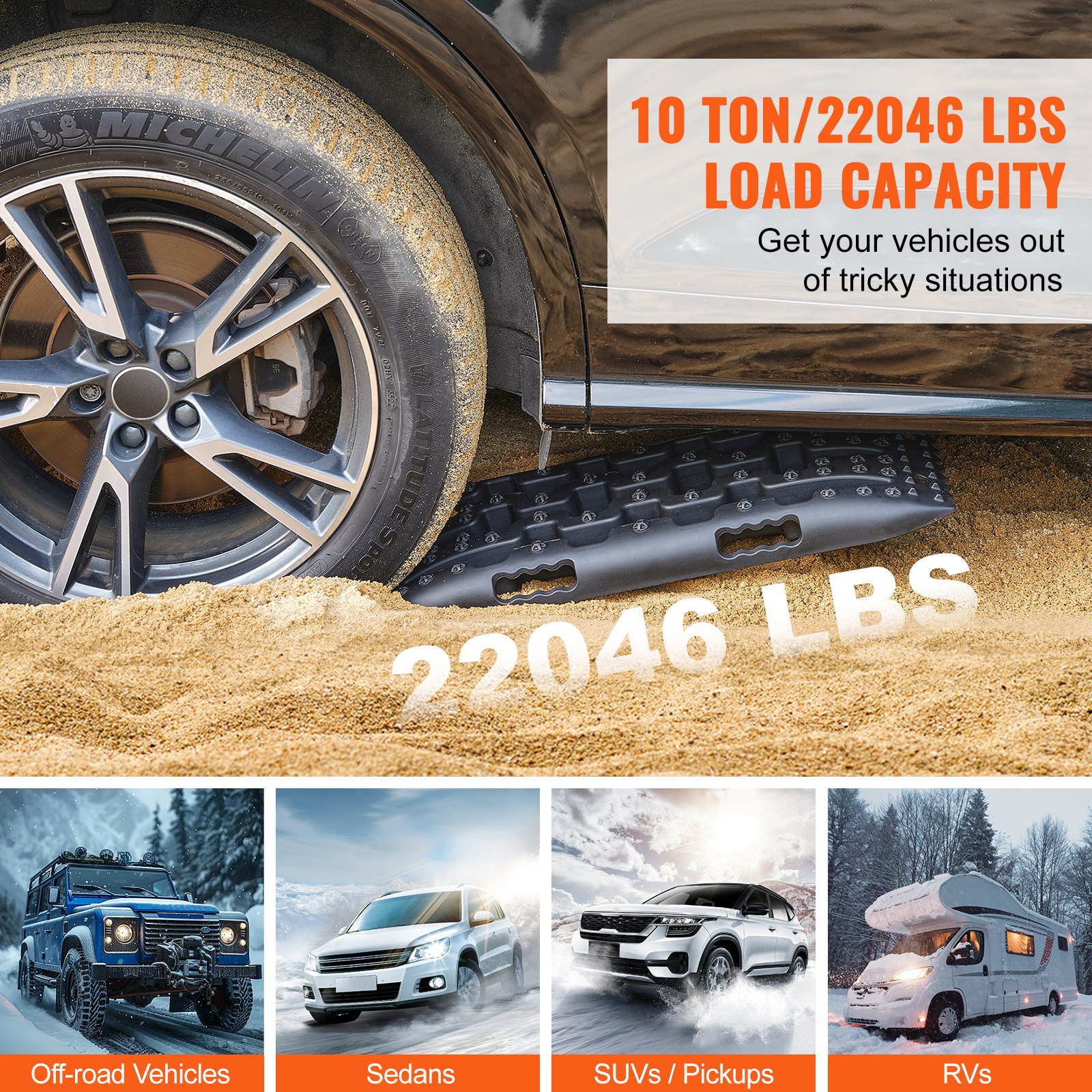 VEVOR 10 TONS Traction Boards with PP Material, Recovery Boards for Off-Road Vehicles/Cars/Pickups/SUVs/Motorhomes, Pair of Tire Traction Mats for Snow, Sand, Mud and Loose Ground, Storage Bag, Short, Black