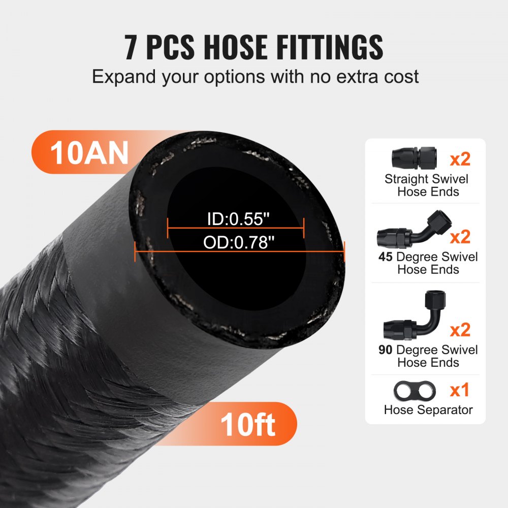 VEVOR 10-AN fuel line kit, 3048 mm fuel hose kit, 13.97 mm nylon stainless steel braided fuel line oil/gas hose end fitting kit, 7-piece swivel joint adapter set